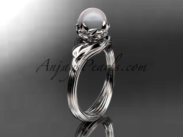 Platinum diamond pearl flower, leaf and vine engagement ring AP240 - AnjaysDesigns
