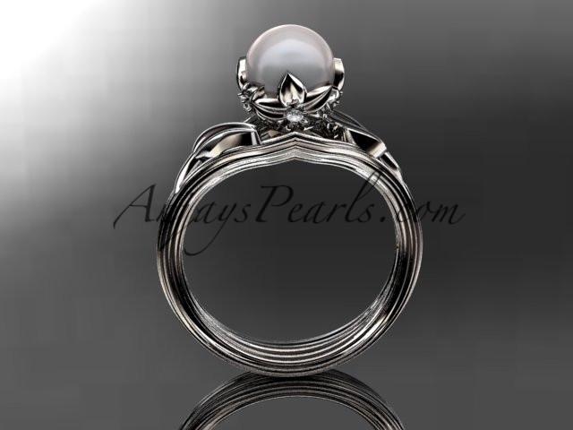 Platinum diamond pearl flower, leaf and vine engagement ring AP240 - AnjaysDesigns