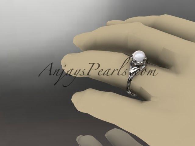 Platinum diamond pearl flower, leaf and vine engagement ring AP240 - AnjaysDesigns