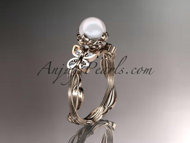 14kt rose gold diamond pearl leaf and vine engagement ring AP251 - AnjaysDesigns