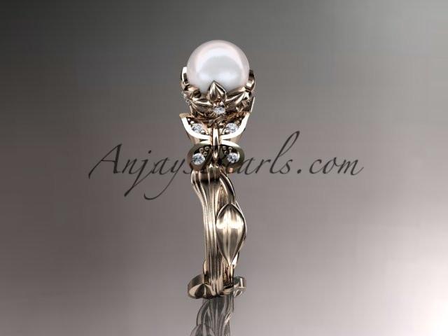 14kt rose gold diamond pearl leaf and vine engagement ring AP251 - AnjaysDesigns