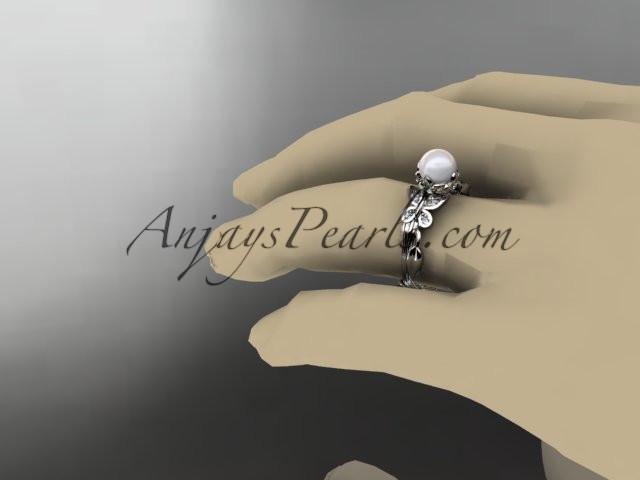 14kt white gold diamond pearl leaf and vine engagement ring AP251 - AnjaysDesigns