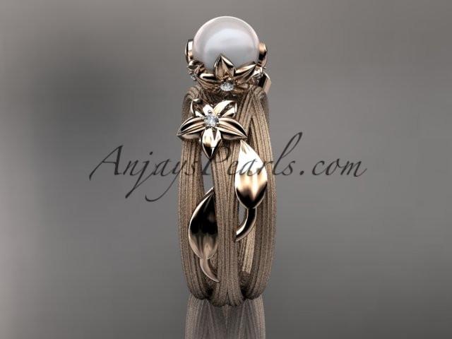Unique 14kt rose gold diamond leaf and vine pearl engagement ring AP253 - AnjaysDesigns