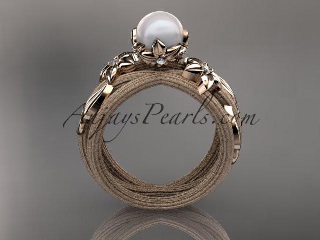 Unique 14kt rose gold diamond leaf and vine pearl engagement ring AP253 - AnjaysDesigns