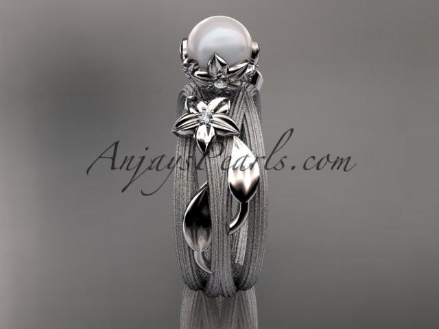 Unique platinum diamond leaf and vine pearl engagement ring AP253 - AnjaysDesigns