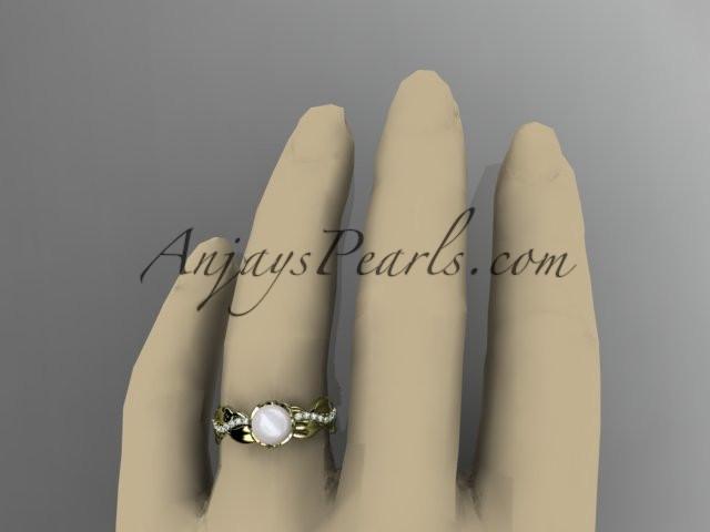 Unique 14kt yellow gold diamond leaf and vine pearl engagement ring AP258 - AnjaysDesigns