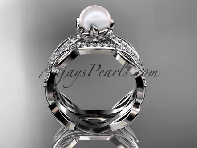 Unique 14kt white gold diamond pearl floral leaf and vine engagement set AP264S - AnjaysDesigns