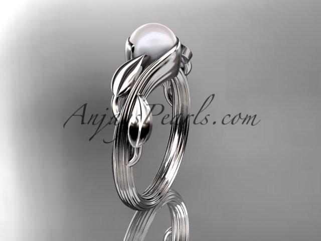 Platinum pearl leaf and vine engagement ring AP273 - AnjaysDesigns