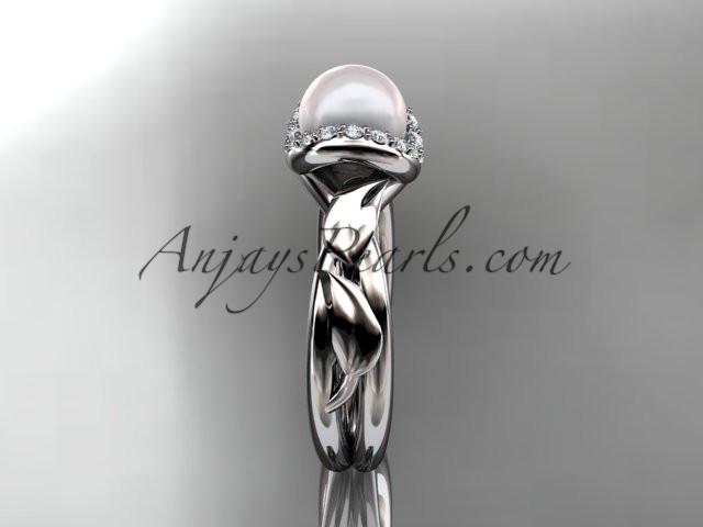 14kt white gold diamond pearl unique engagement ring AP289 - AnjaysDesigns