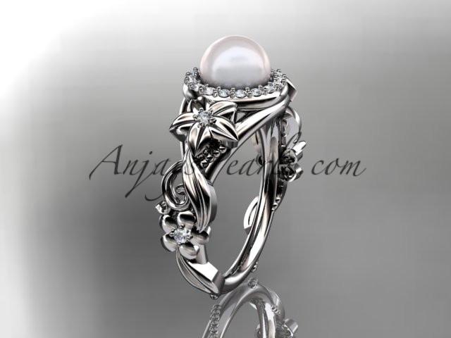 platinum diamond pearl unique engagement ring AP300 - AnjaysDesigns