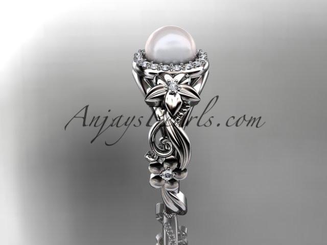 14kt white gold diamond pearl unique engagement ring AP300 - AnjaysDesigns