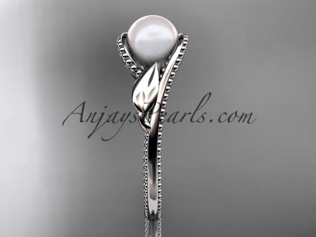 Unique 14kt white gold diamond floral pearl engagement ring AP301 - AnjaysDesigns