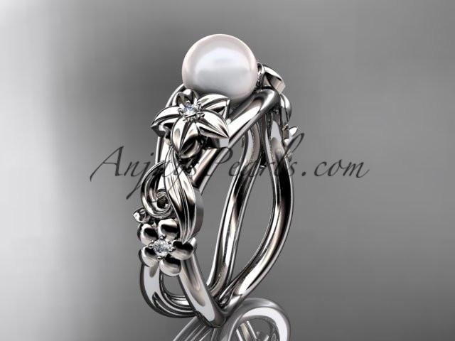 Unique 14kt white gold diamond floral pearl engagement ring AP302 - AnjaysDesigns