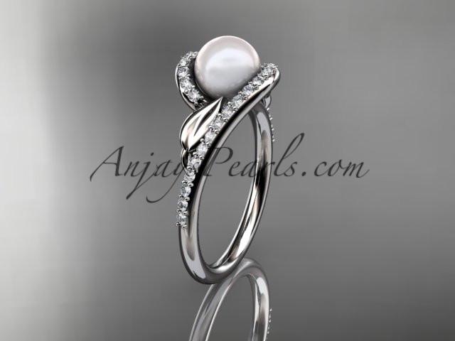 Platinum diamond leaf and vine, pearl wedding ring, engagement ring AP317 - AnjaysDesigns