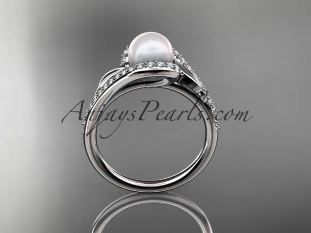 Platinum diamond leaf and vine, pearl wedding ring, engagement ring AP317 - AnjaysDesigns