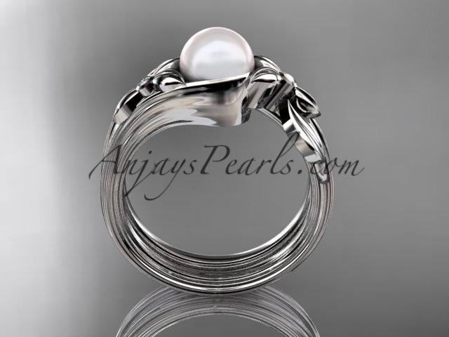 Unique platinum diamond floral pearl engagement set AP324S - AnjaysDesigns