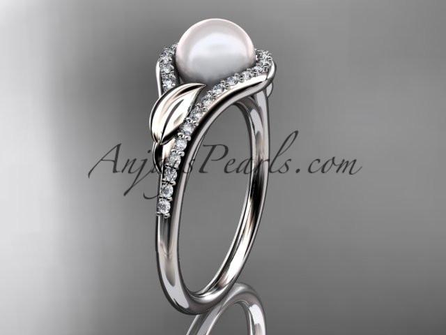 Platinum diamond pearl leaf engagement ring AP334 - AnjaysDesigns