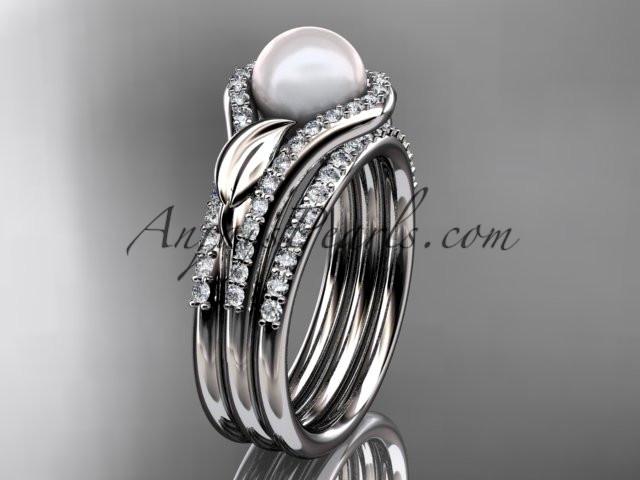 platinum diamond pearl leaf engagement ring with a double matching band AP334S - AnjaysDesigns