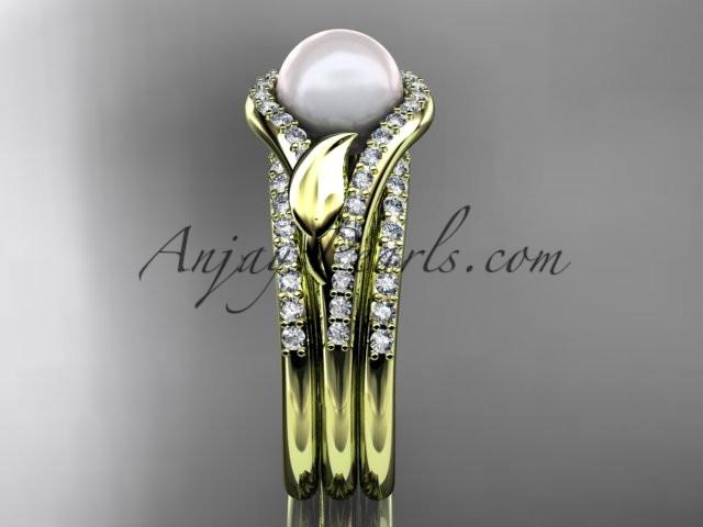 14k yellow gold diamond pearl leaf engagement ring with a double matching band AP334S - AnjaysDesigns