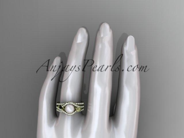 14k yellow gold diamond pearl leaf engagement ring with a double matching band AP334S - AnjaysDesigns