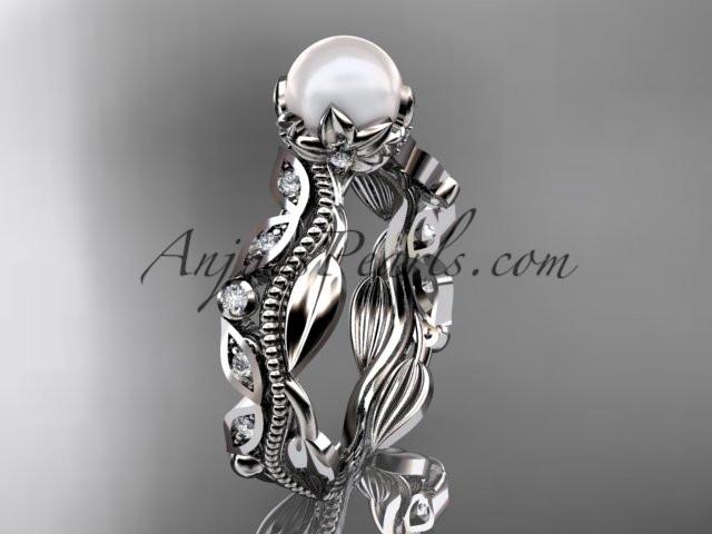 Platinum diamond pearl unique engagement ring, wedding ring AP342 - AnjaysDesigns