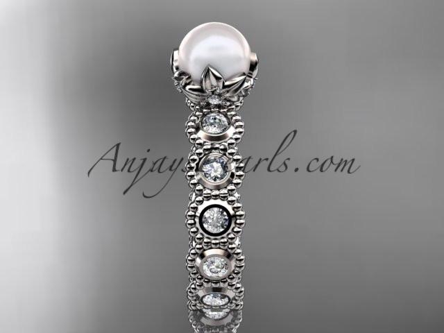 14kt white gold diamond pearl unique engagement ring, wedding ring AP345 - AnjaysDesigns