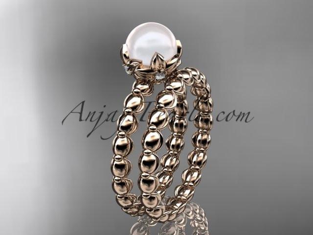 14kt rose gold diamond leaf and vine, floral pearl wedding set, engagement set AP34S - AnjaysDesigns