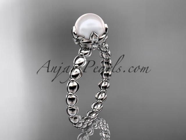 Platinum diamond leaf and vine, floral pearl wedding ring, engagement ring AP34 - AnjaysDesigns