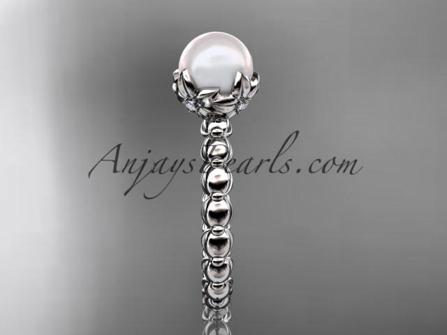 Platinum diamond leaf and vine, floral pearl wedding ring, engagement ring AP34 - AnjaysDesigns