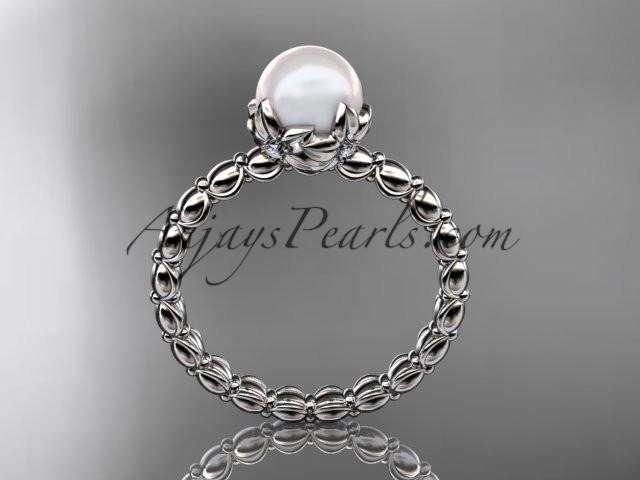 Platinum diamond leaf and vine, floral pearl wedding ring, engagement ring AP34 - AnjaysDesigns