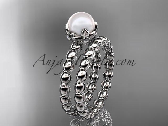 14kt white gold diamond leaf and vine, floral pearl wedding set, engagement set AP34S - AnjaysDesigns