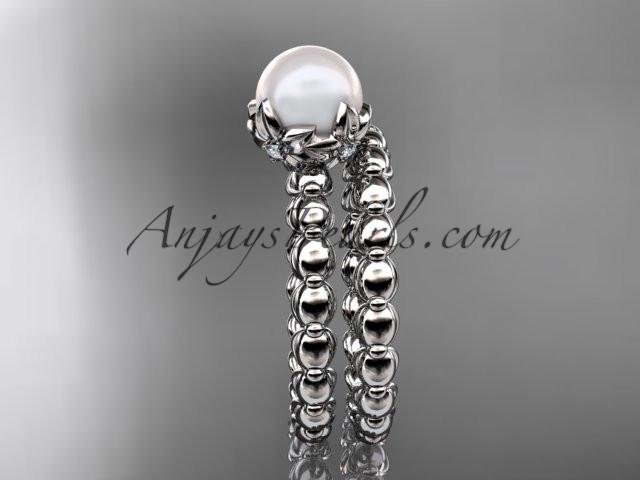 Platinum diamond leaf and vine, floral pearl wedding set, engagement set AP34S - AnjaysDesigns