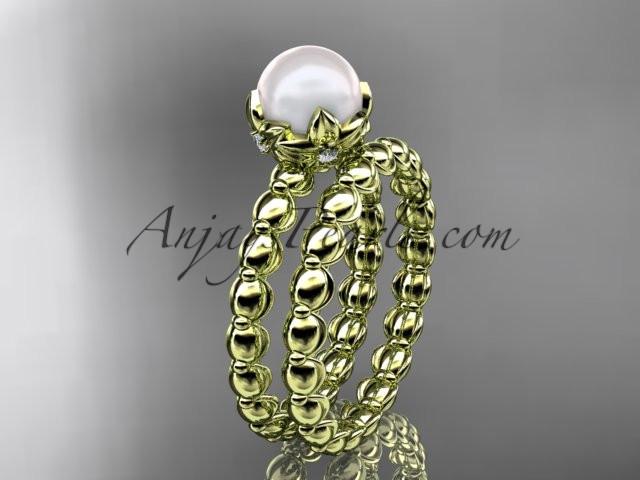 14kt yellow gold diamond leaf and vine, floral pearl wedding set, engagement set AP34S - AnjaysDesigns