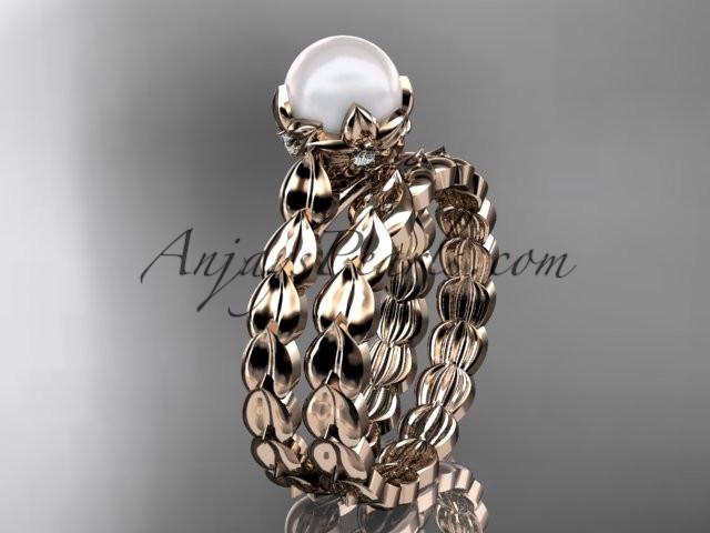 14kt rose gold diamond leaf and vine, floral pearl wedding set, engagement set AP35S - AnjaysDesigns