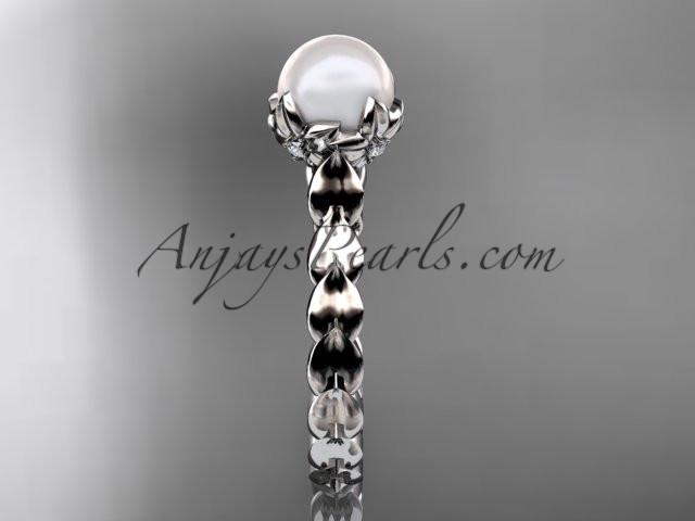 Platinum diamond leaf and vine, floral pearl wedding ring, engagement ring AP35 - AnjaysDesigns