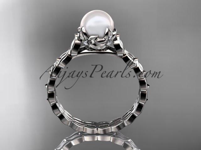 Platinum diamond leaf and vine, floral pearl wedding ring, engagement ring AP35 - AnjaysDesigns