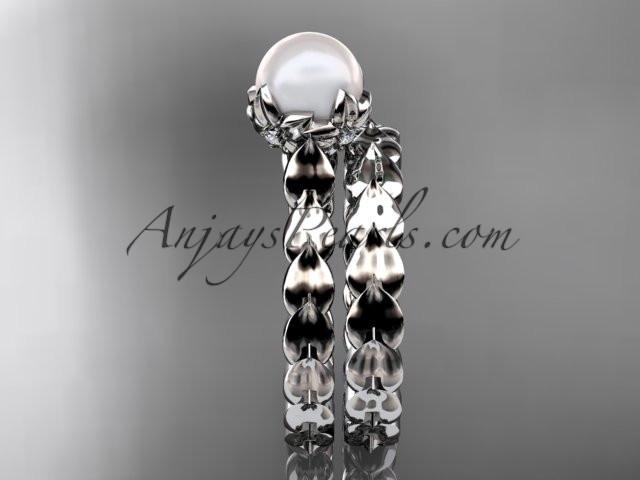 Platinum diamond leaf and vine, floral pearl wedding set, engagement set AP35S - AnjaysDesigns