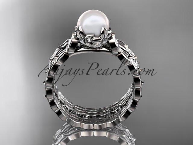 Platinum diamond leaf and vine, floral pearl wedding set, engagement set AP35S - AnjaysDesigns