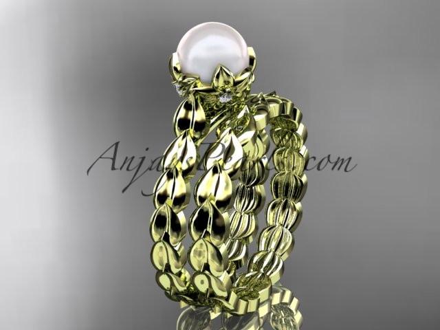 14kt yellow gold diamond leaf and vine, floral pearl wedding set, engagement set AP35S - AnjaysDesigns