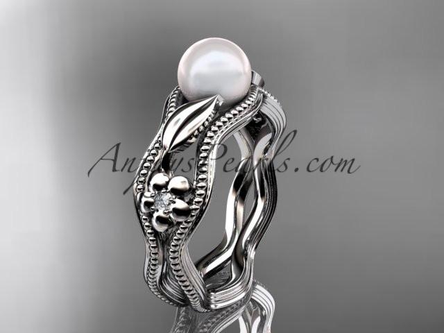 14kt white gold diamond pearl flower, leaf and vine engagement ring AP382 - AnjaysDesigns