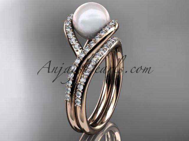 14kt rose gold diamond pearl unique engagement set, wedding ring AP383S - AnjaysDesigns