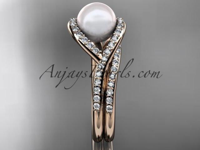 14kt rose gold diamond pearl unique engagement set, wedding ring AP383S - AnjaysDesigns