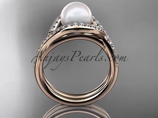 14kt rose gold diamond pearl unique engagement set, wedding ring AP383S - AnjaysDesigns