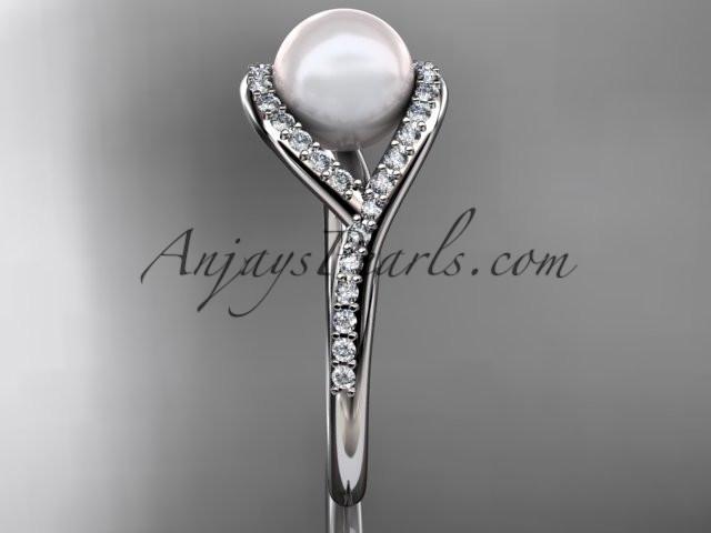 14kt white gold diamond pearl unique engagement ring, wedding ring AP383 - AnjaysDesigns