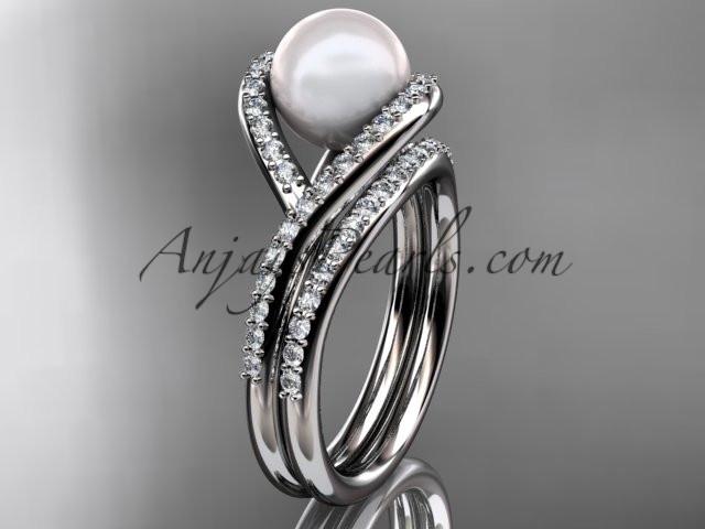 14kt white gold diamond pearl unique engagement set, wedding ring AP383S - AnjaysDesigns