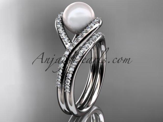 platinum diamond pearl unique engagement set, wedding ring AP383S - AnjaysDesigns