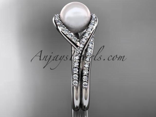 14kt white gold diamond pearl unique engagement set, wedding ring AP383S - AnjaysDesigns