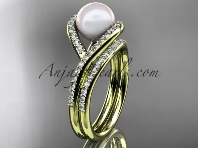 14kt yellow gold diamond pearl unique engagement set, wedding ring AP383S - AnjaysDesigns