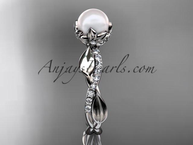 platinum diamond pearl leaf engagement ring AP385 - AnjaysDesigns