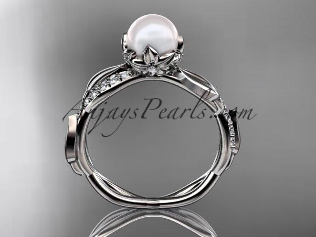 platinum diamond pearl leaf engagement ring AP385 - AnjaysDesigns